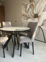 Круглый раздвижной стол "Бонжур", керамогранит, белый мрамор и стулья "Бентли" серые