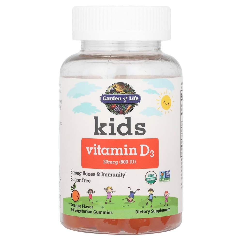 Garden of Life, Kids, витамин D3, апельсин, 20 мкг (800 МЕ), 60 вегетарианских жевательных таблеток