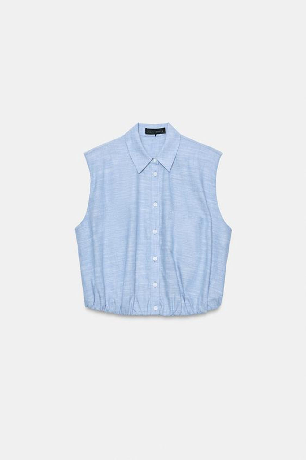 ZARA ТОП ИЗ ЛЬНА С ОБЪЕМНЫМИ ПЛЕЧАМИ, ГОЛУБОЙ