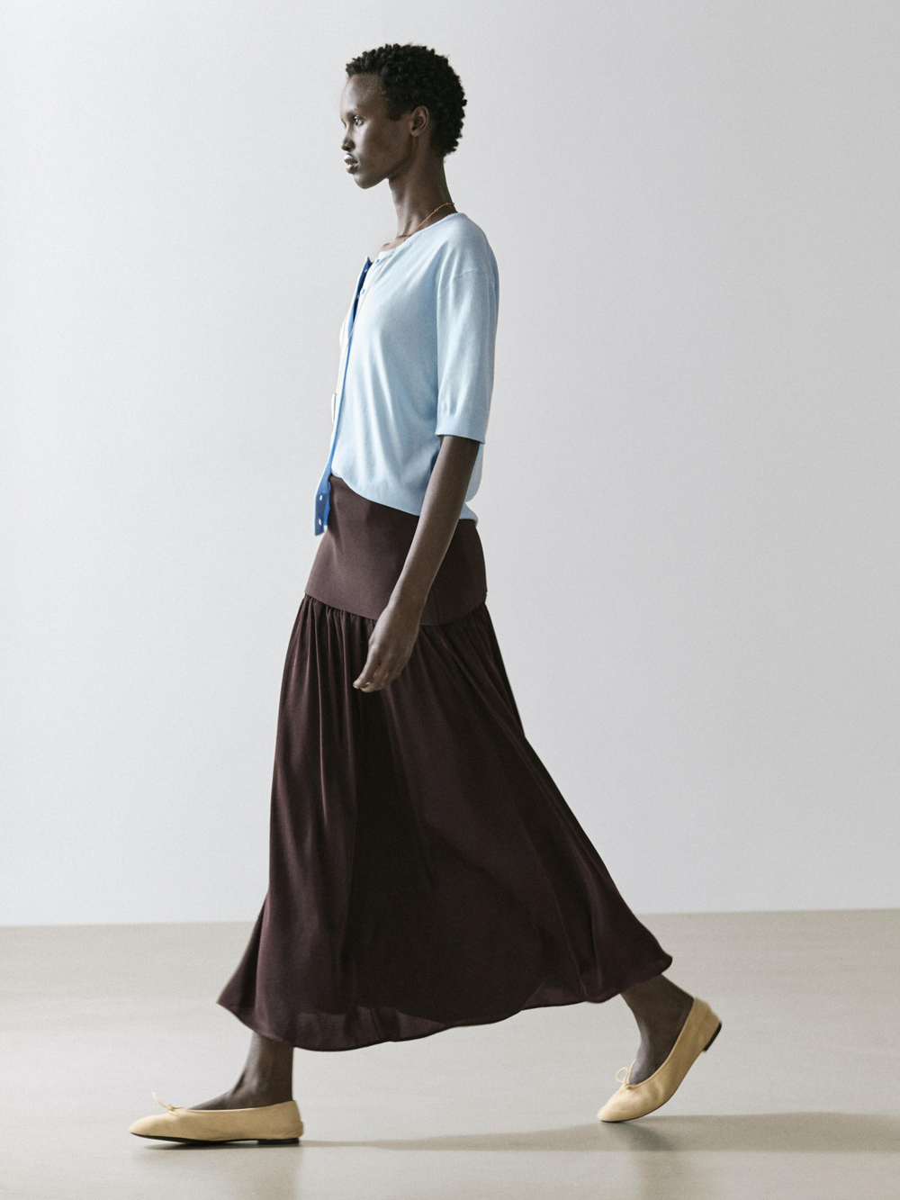 Massimo Dutti Струящаяся юбка миди с контрастными деталями, коричневый