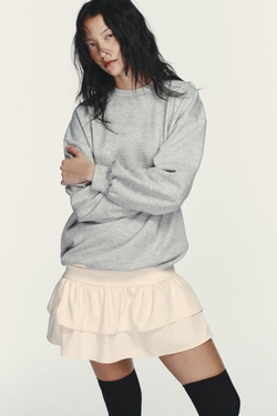 ZARA КОРОТКОЕ КОМБИНИРОВАННОЕ ПЛАТЬЕ С ВОЛАНАМИ, ЭКРЮ МЕЛАНЖ