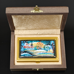 Визитница металлическая персональная "Деревенька. Зима" №2 (ручная роспись Палех)