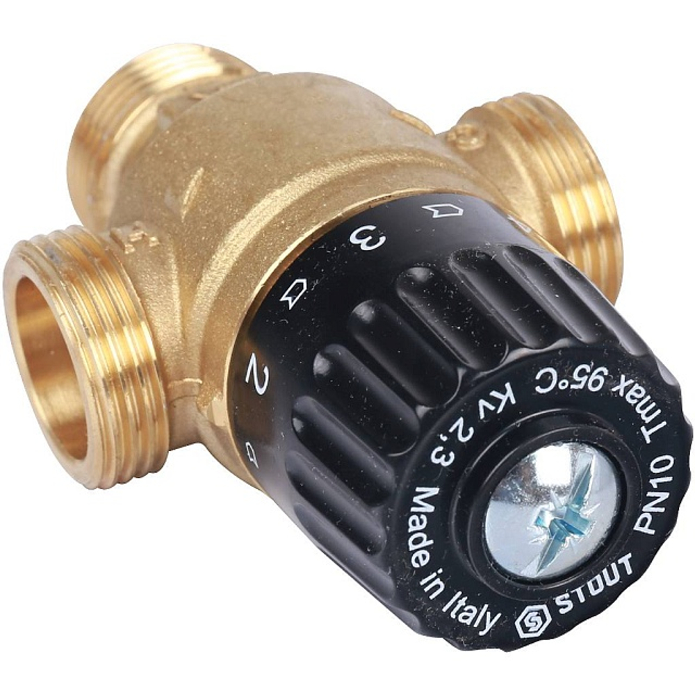 Клапан термостатический смесительный STOUT - 3/4" (НР, 30-65°C, Kvs 2.3, T-образное смешивание)