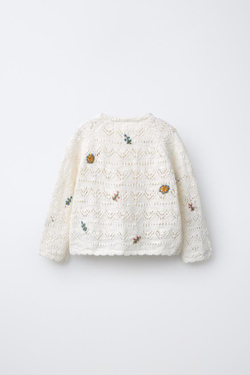 ZARA ВЯЗАНЫЙ КАРДИГАН С ВЫШИВКОЙ В ВИДЕ ЦВЕТОВ, ЭКРЮ