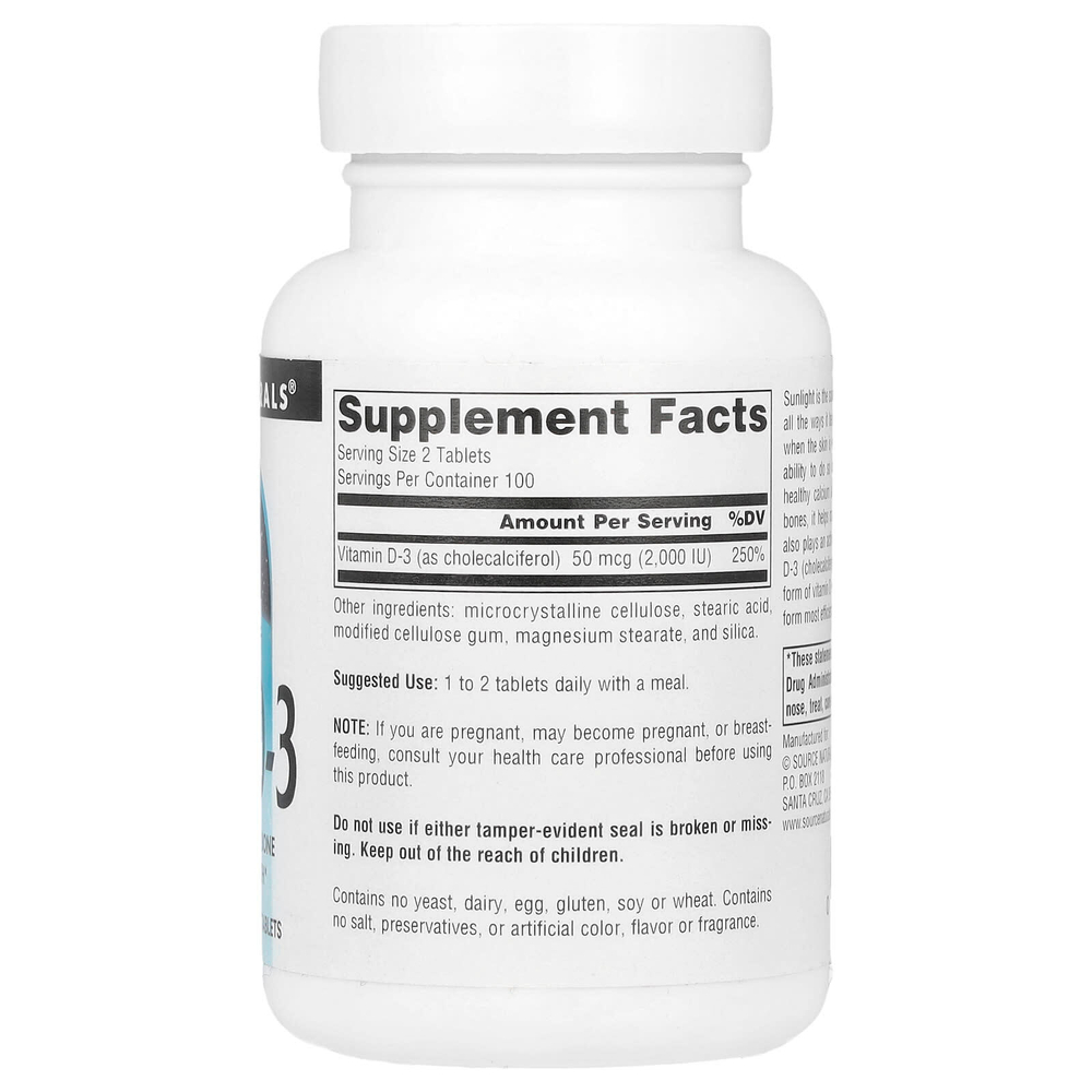 Source Naturals, витамин D3, 25 мкг (1000 МЕ), 200 таблеток