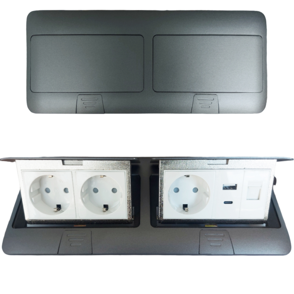 Лючок в пол 3-РОЗЕТКА + USB+TYPE-C + INT (цвет серый)
