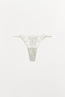ZARA КРУЖЕВНЫЕ ТРУСЫ-ТАНГА С ВЫШИВКОЙ, БЕЛЫЙ