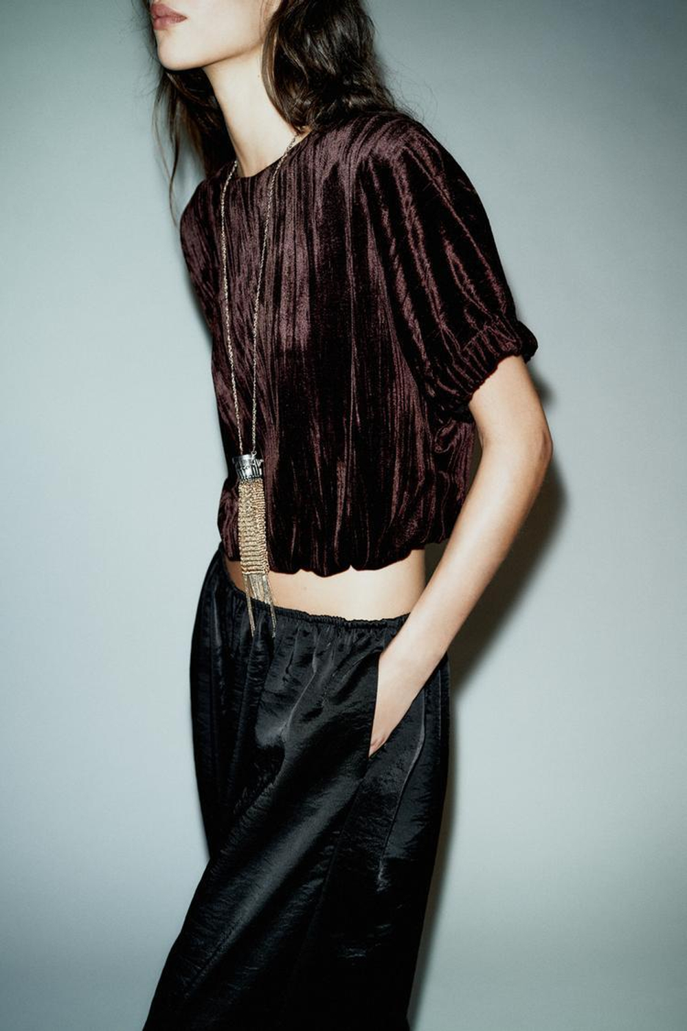 ZARA БАРХАТНЫЙ ТОП-БАЛЛОН, КОРИЧНЕВЫЙ