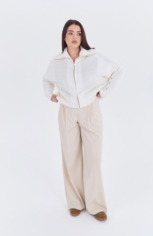 Кардиган вязаный на молнии с ажурными деталями, молочный