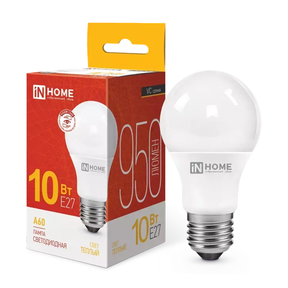 Лампа светодиодная LED-A60-VC 10Вт 230В Е27 3000К ТЕПЛЫЙ 950Лм IN HOME