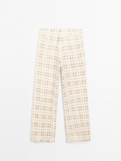 Massimo Dutti Брюки из струящейся смесовой льняной ткани в клетку, кремовый