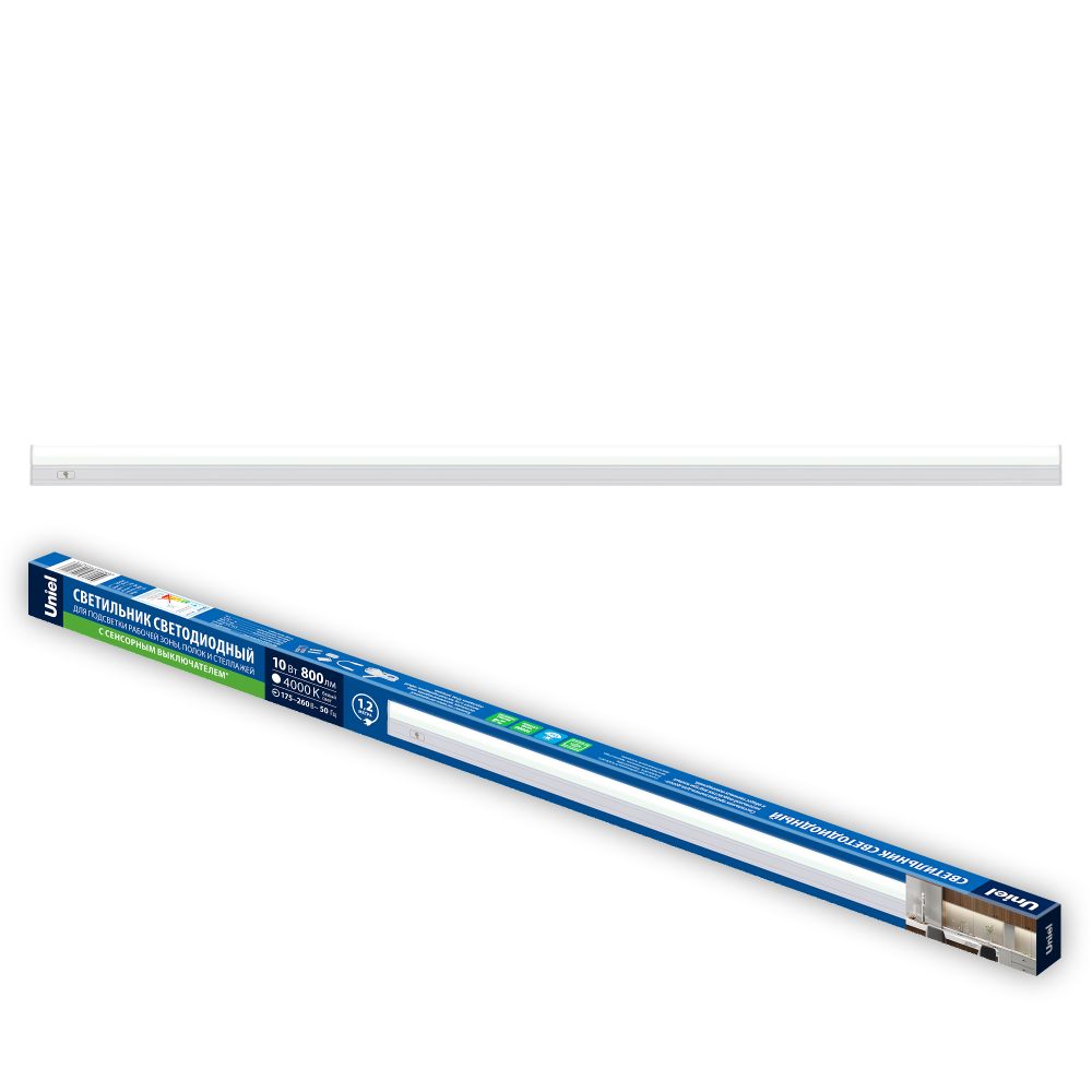 ULI-L04-10W-4000K IP40 WHITE Светильник линейный светодиодный аналог Т5 с сенсорной кнопкой. 230В. Кабель 1.2м с вилкой и крепление в-к. Белый свет 4000K. Корпус белый. TM Uniel