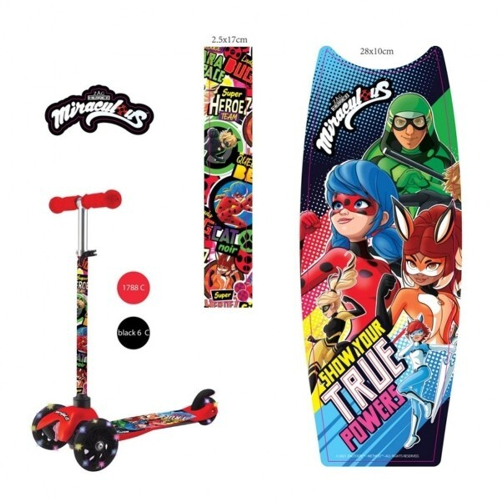 Самокат трехколесный кикборд, Ледибаг и Супер кот кол. pu 120 и 80мм, свет, рег.рул. cтойка S00022-L