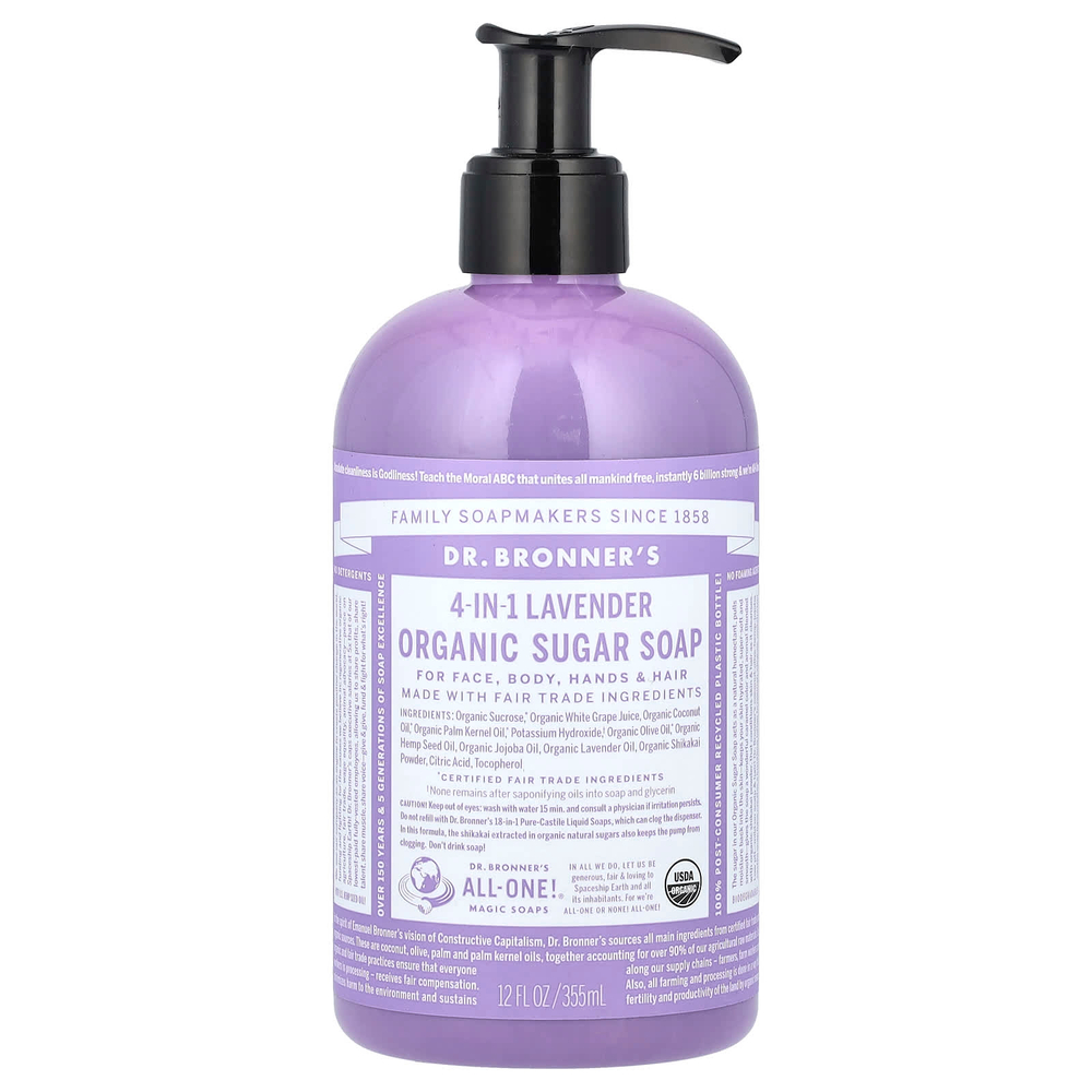Dr. Bronner's, органическое мыло с сахаром, 4 в 1, для лица, тела, рук и волос, лаванда, 355 мл (12 жидк. унций)