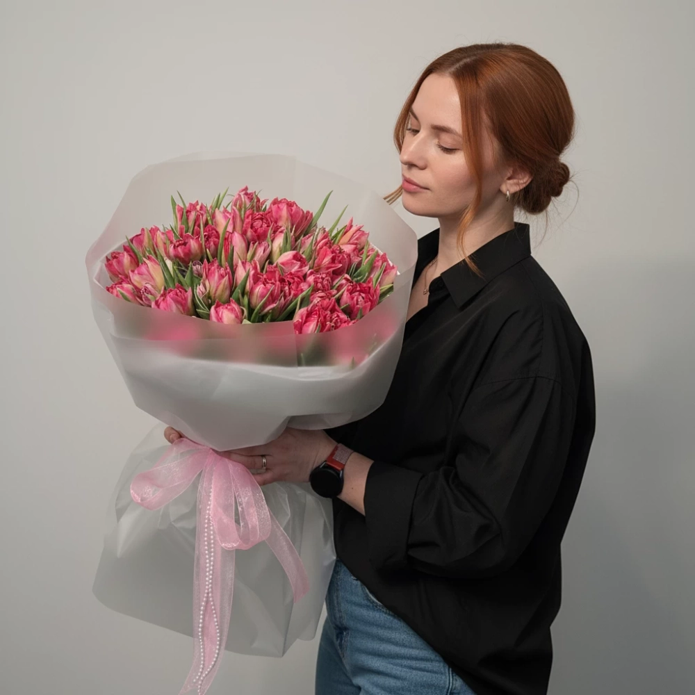 Букет из 45 пионовидных тюльпанов.