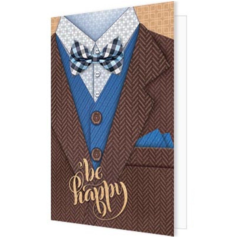 Открытка - мини двойная, подвеска,"Be happy", 85х115 мм, пиждак и бабочка, крафт, без текста