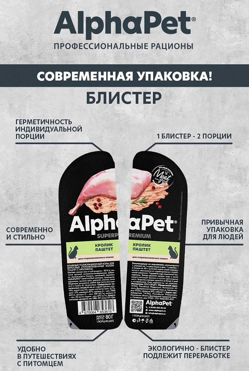 AlphaPet Superpremium Влажный корм для стерилизованных кошек  "Кролик" паштет, 80 г