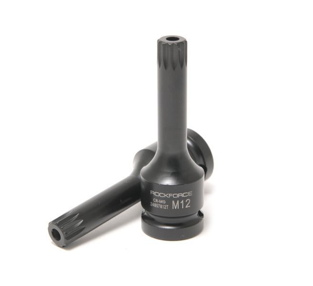 Головка-бита SPLINE глубокая ударная 1/2", M12 с отверстием ROCKFORCE RF-24807812T