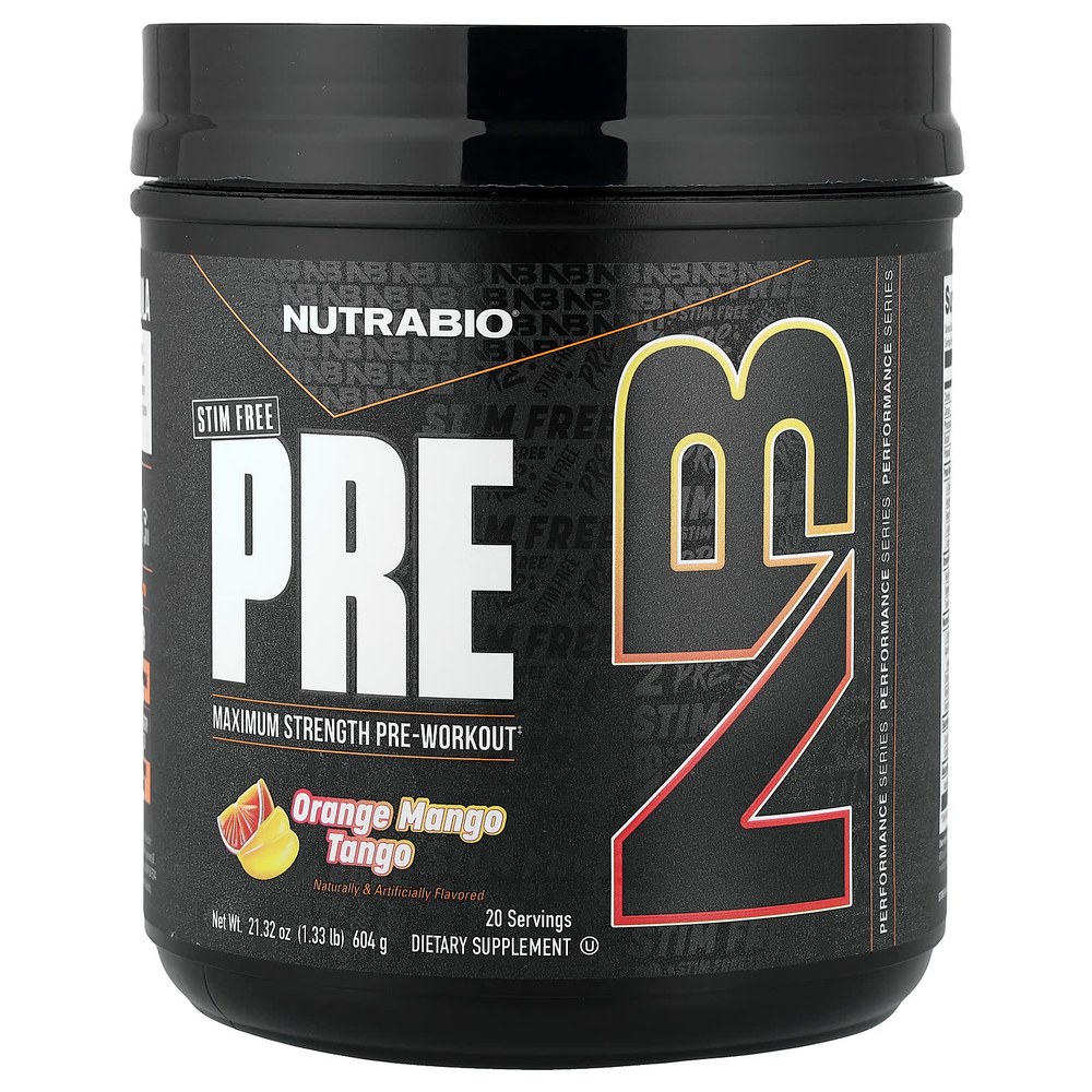 NutraBio, PRE-Workout, добавка без стимуляторов, со вкусом апельсина и манго, 604 г (1,33 фунта)
