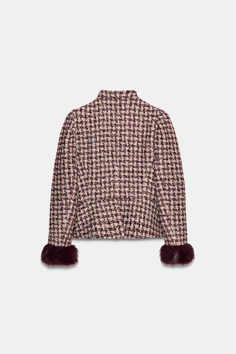 ZARA БЛЕЙЗЕР С МАНЖЕТАМИ ИЗ ИСКУССТВЕННОГО МЕХА, БОРДОВЫЙ/ЭКРЮ