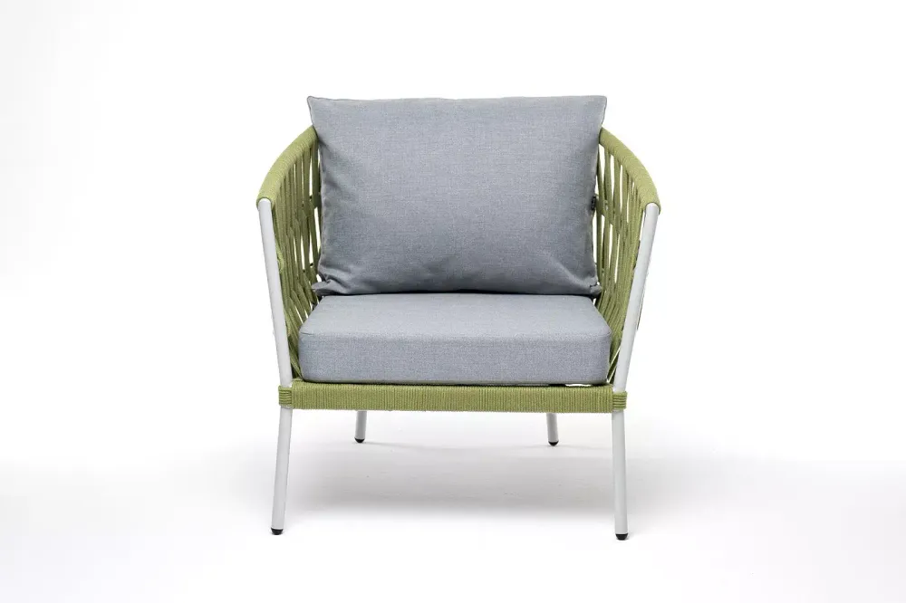 "Диего" кресло плетеное из роупа, каркас алюминий светло-серый (RAL7035) муар, роуп салатовый меланж круглый, ткань светло-серая