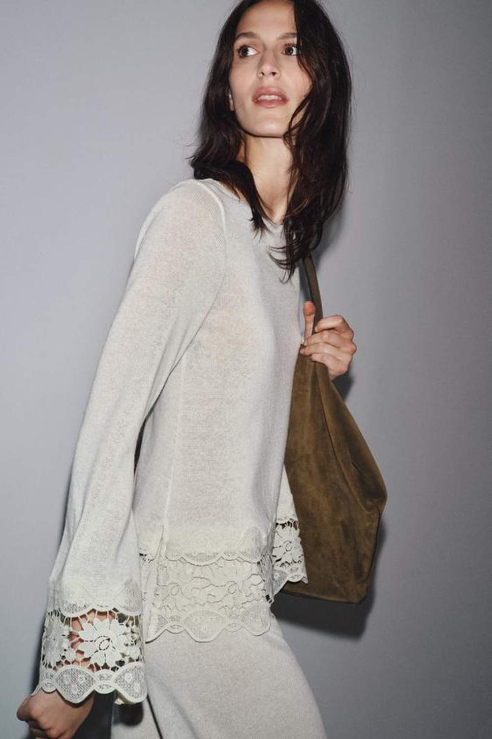 ZARA КОМБИНИРОВАННЫЕ БРЮКИ С ГИПЮРОМ, ЭКРЮ