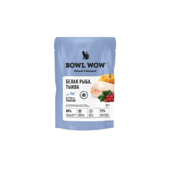 Влажный корм для котят и беременных кошек беззерновой BOWL WOW с белой рыбой и тыквой в соусе, 85 гр. Комплект 12 упаковок