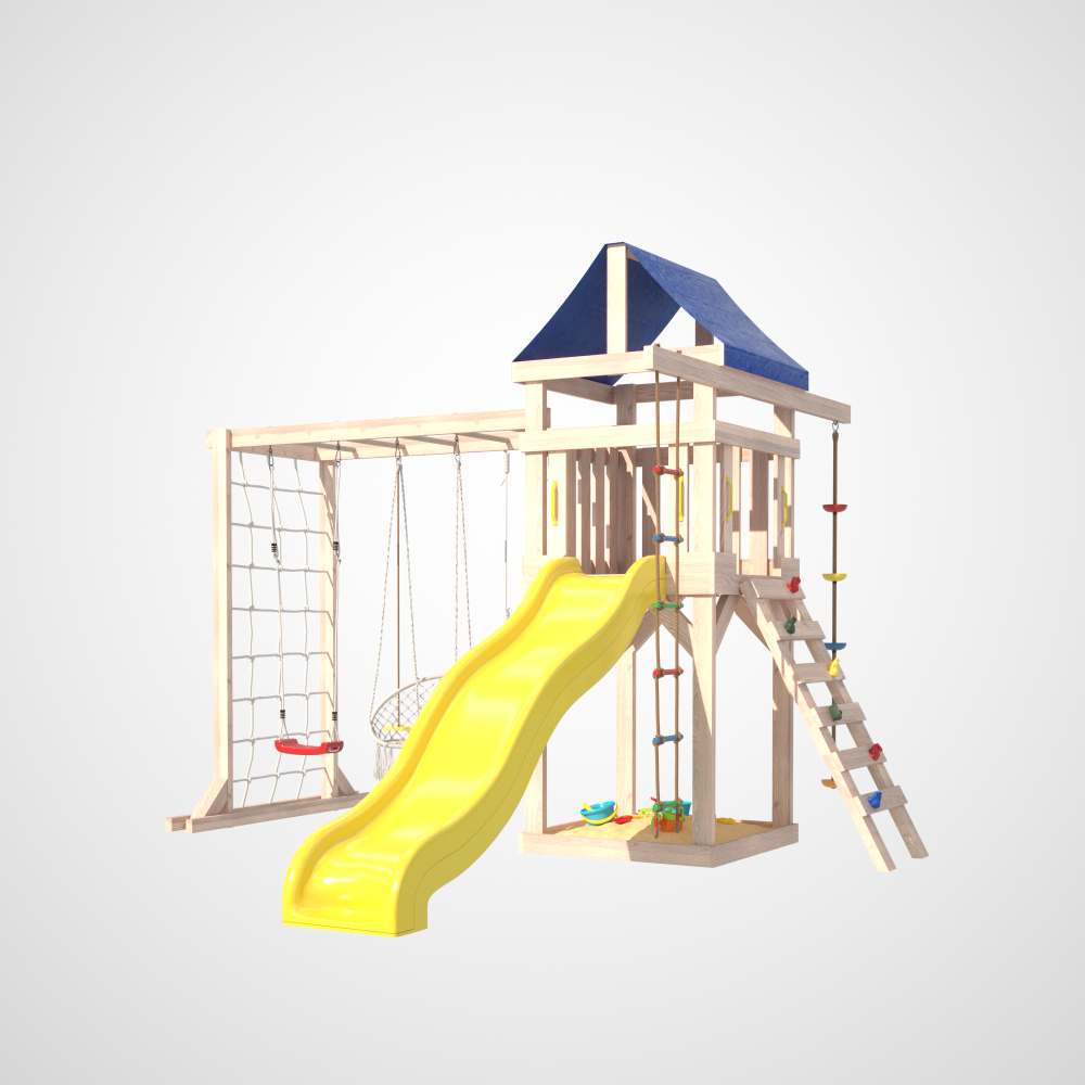 Детская площадка неокрашенная Fun Land с модулем сетка-рукоход, подвесным креслом и качелями