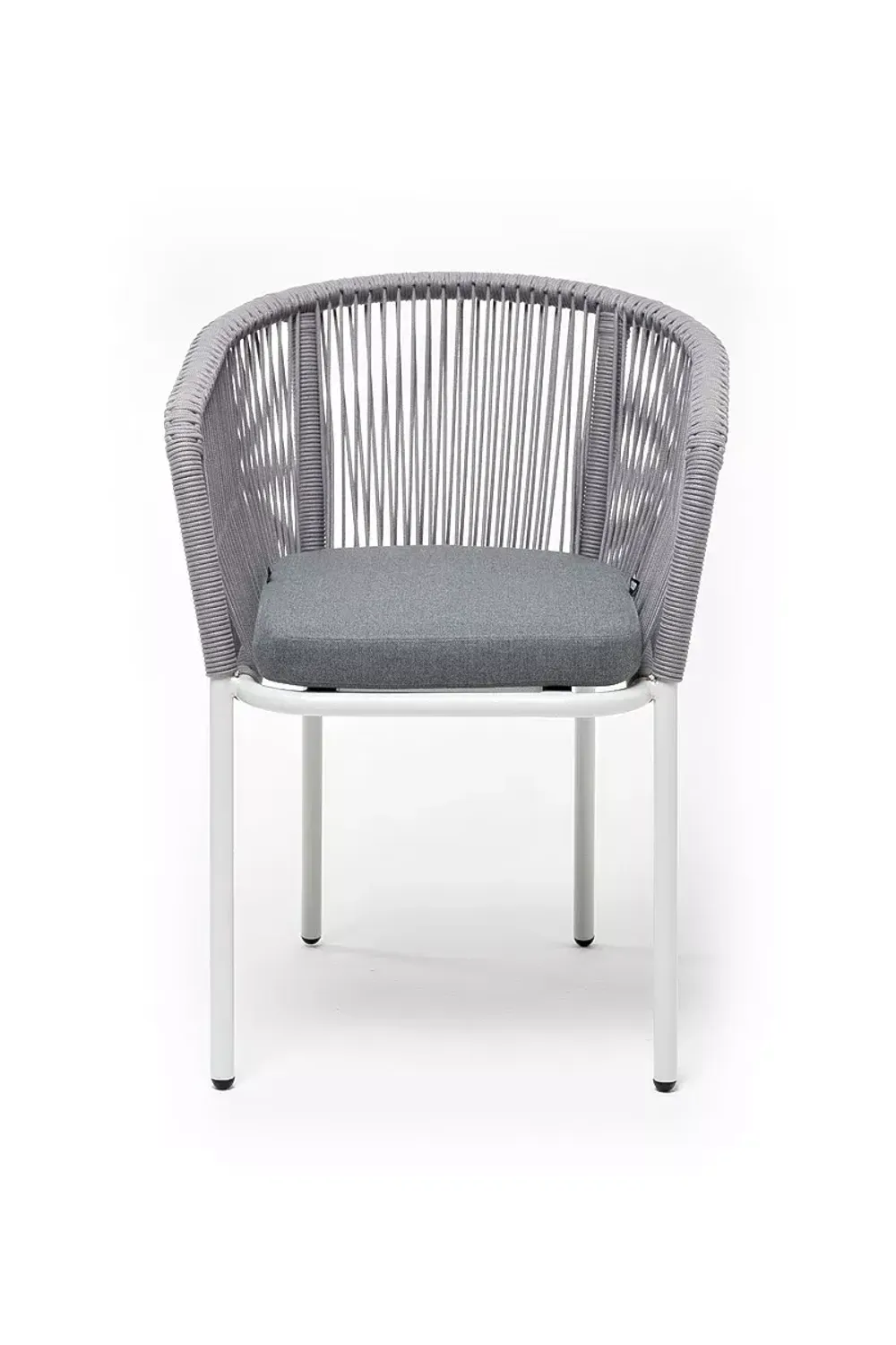 "Марсель" стул плетеный из роупа, каркас алюминий белый муар, роуп светло-серый круглый, ткань светло-серая