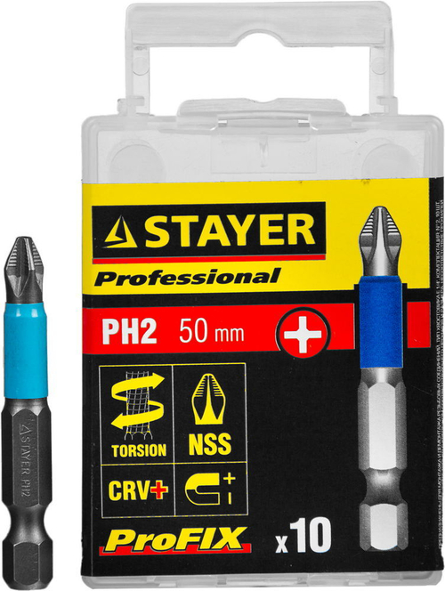 Биты STAYER ″PROFESSIONAL″ ProFix Phillips, тип хвостовика E 1/4″, № 2, L=50мм, 10шт