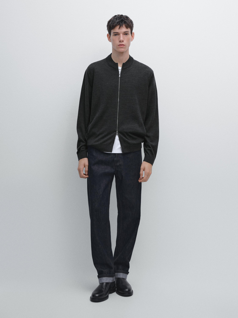 Massimo Dutti Вязаный кардиган из мериносовой шерсти на молнии, серый