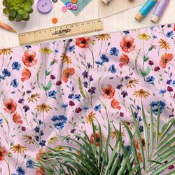Ткань кулирная гладь маки, васильки, ромашки и колокольчики