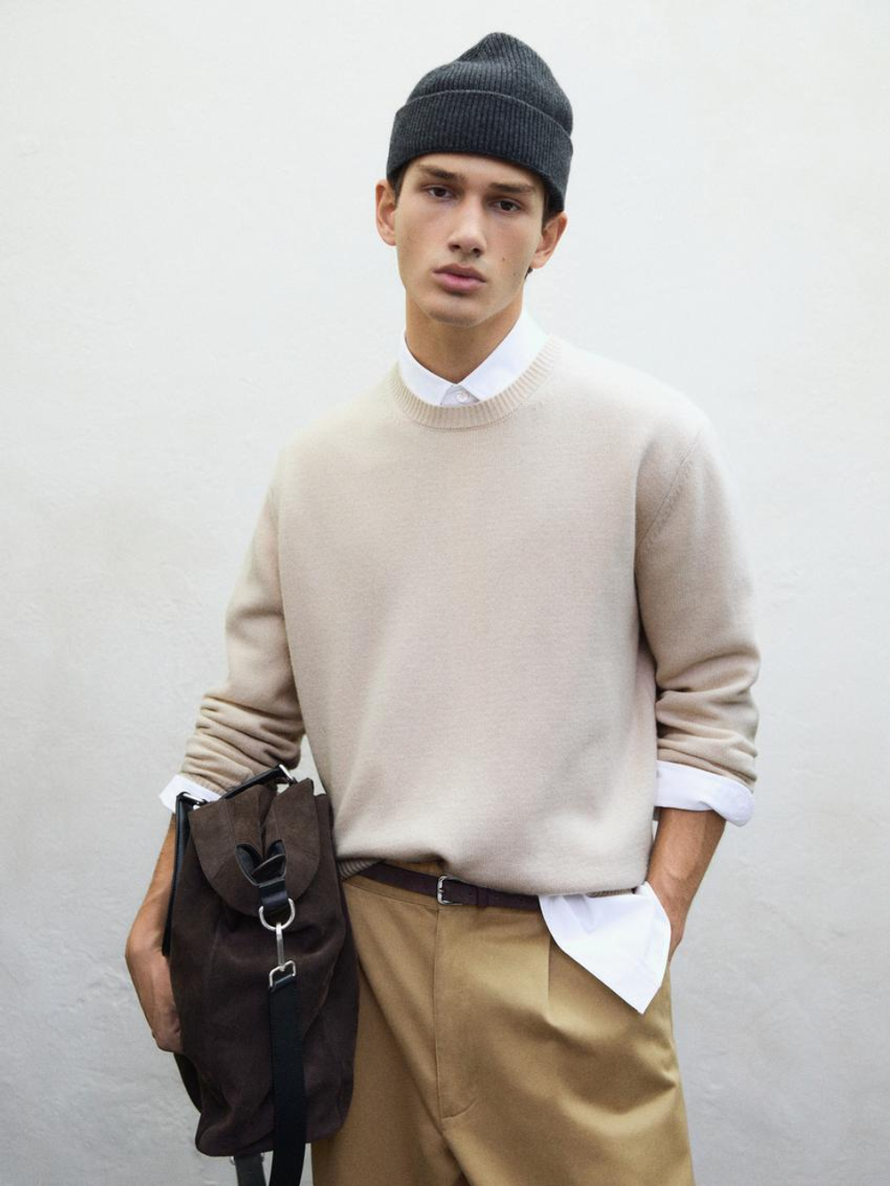 Massimo Dutti Свитер из смесовой шерсти с круглым вырезом, бежевый