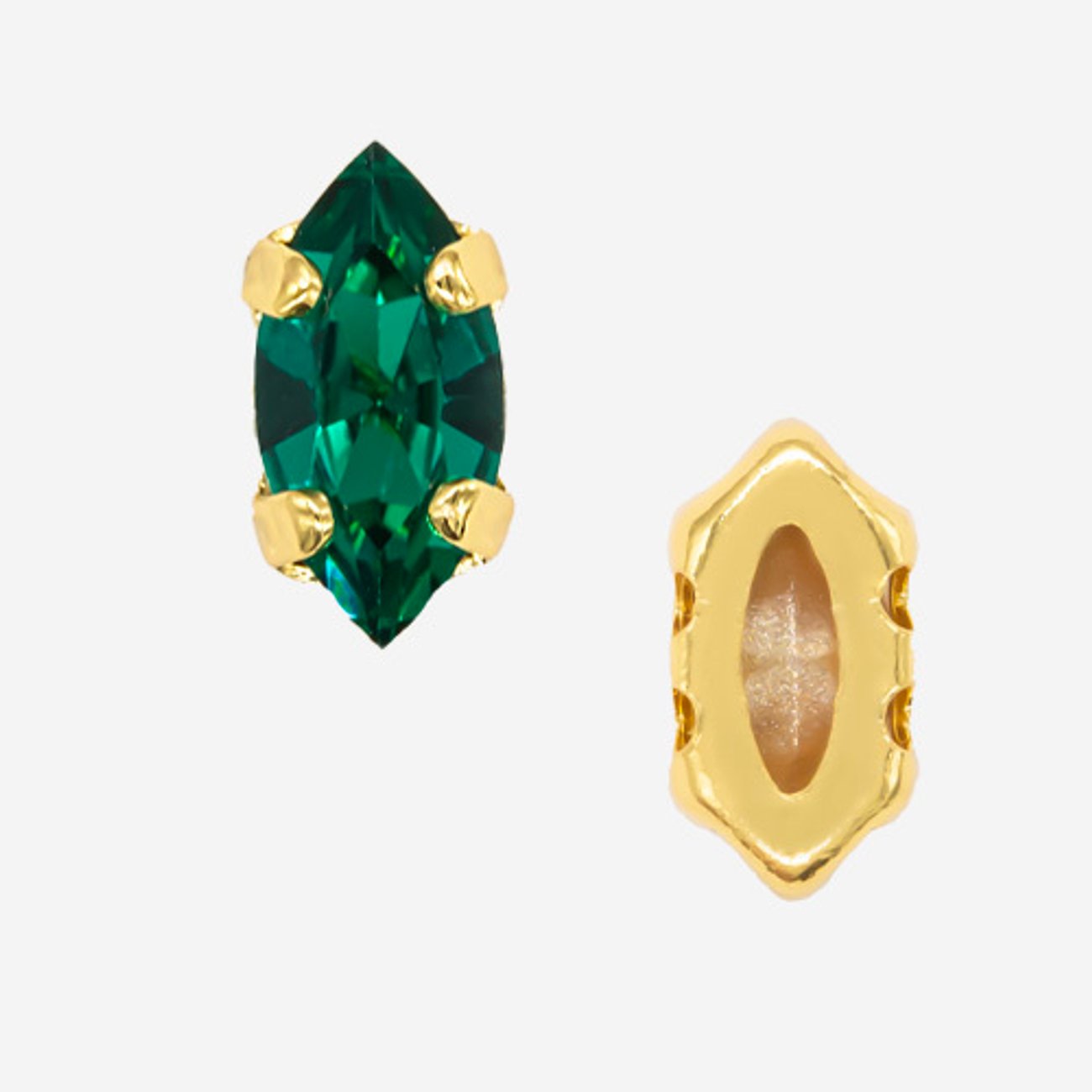 Кристалл Маркиз (Marquise Fancy Stone) в цапах, оттенок "Изумруд"/"Emerald", 8*4мм, позолота