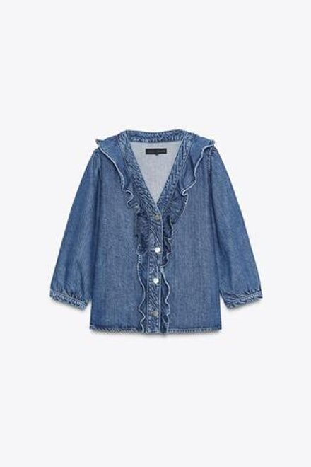 ZARA ДЖИНСОВАЯ РУБАШКА Z1975 С ВОЛАНАМИ, ВЫЦВЕТШИЙ СИНИЙ