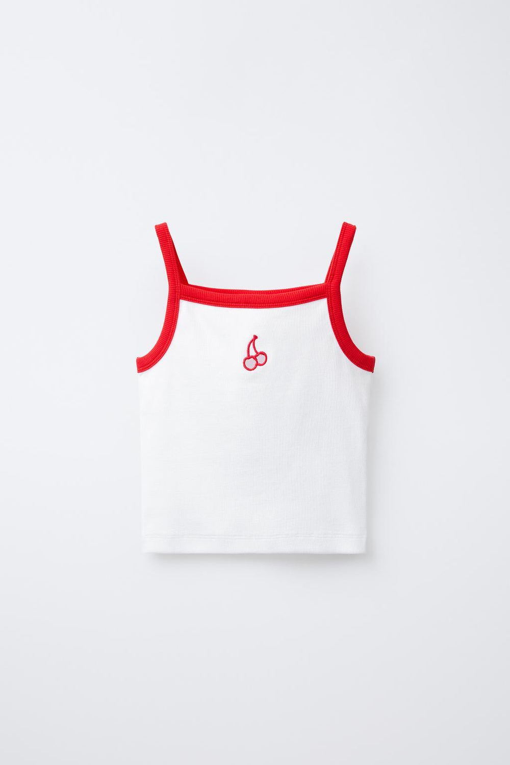 ZARA ТОП В РУБЧИК С ВЫРЕЗОМ И ДЕТАЛЬЮ «ВИШНЯ», БЕЛЫЙ