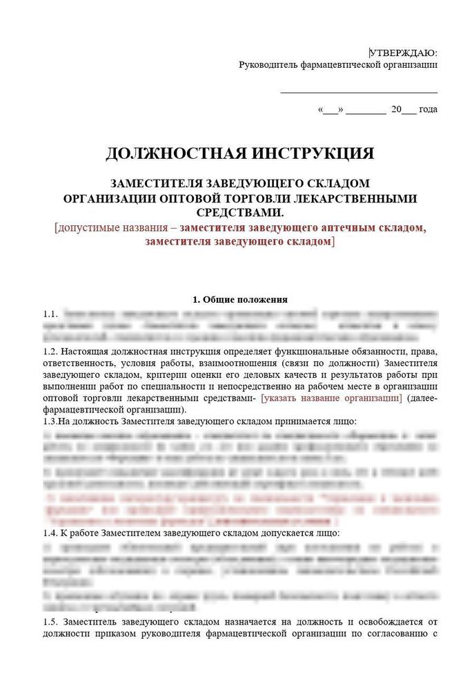 Должностная инструкция заместителя заведующего склада оптовой фармацевтической оцирганизаи
