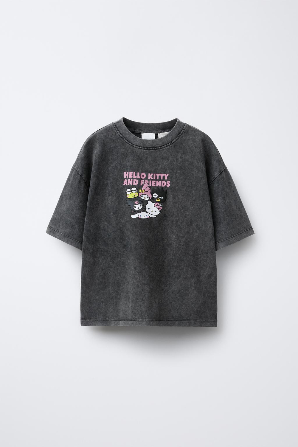 ZARA ФУТБОЛКА С ЭФФЕКТОМ ПОТЕРТОСТИ И ПРИНТОМ HELLO KITTY AND FRIENDS ©, СЕРЫЙ С МЕЛАНЖЕВЫМ ЭФФЕКТОМ