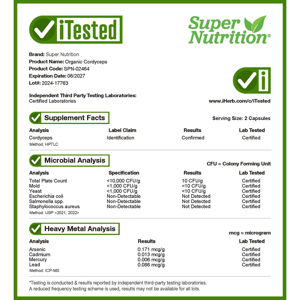 Super Nutrition, органический гриб кордицепс, 1 г, 60 растительных капсул (0,5 г в 1 капсуле)