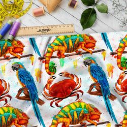 Ткань дюспо яркие попугаи, крабы и хамелеоны