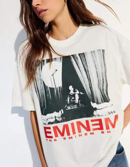 BERSHKA Футболка оверсайз с принтом EMINEM, белый