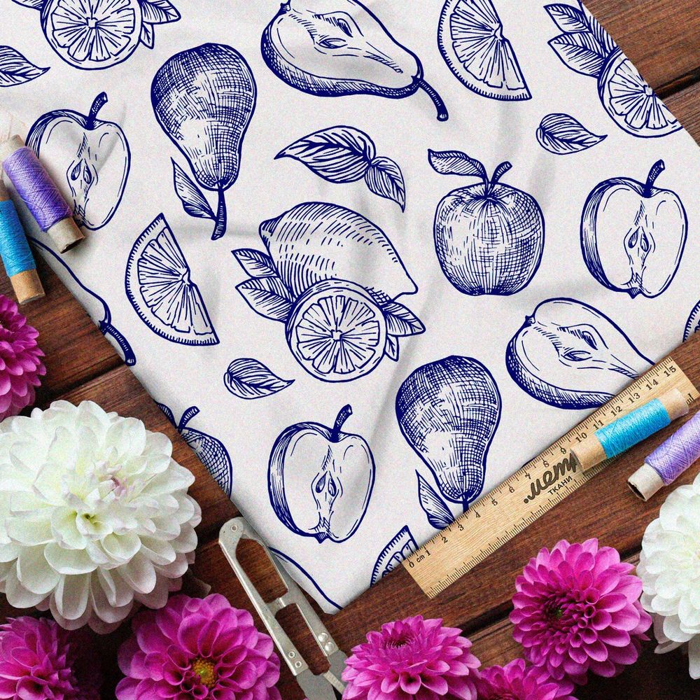 Ткань кулирная гладь нарисованные синей пастой фрукты