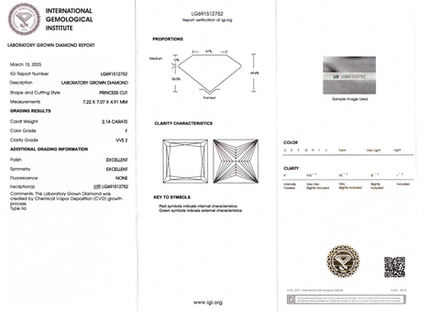 Лабораторно-выращенный бриллиант принцесса 7.22 х 7.07 х 4.91 мм F/VVS2 2.14 ct