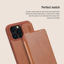 Кожаный чехол книжка коричневого цвета от Nillkin для iPhone 14 Pro, серия Qin Pro Leather с защитной шторкой для камеры