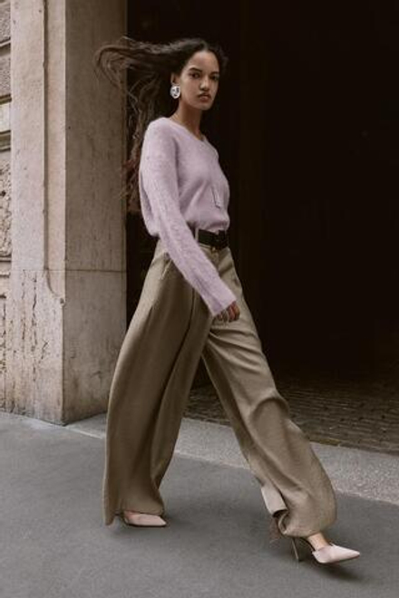 ZARA ШИРОКИЕ БРЮКИ ИЗ АТЛАСА С ПОЯСОМ, СЕРО-КОРИЧНЕВЫЙ