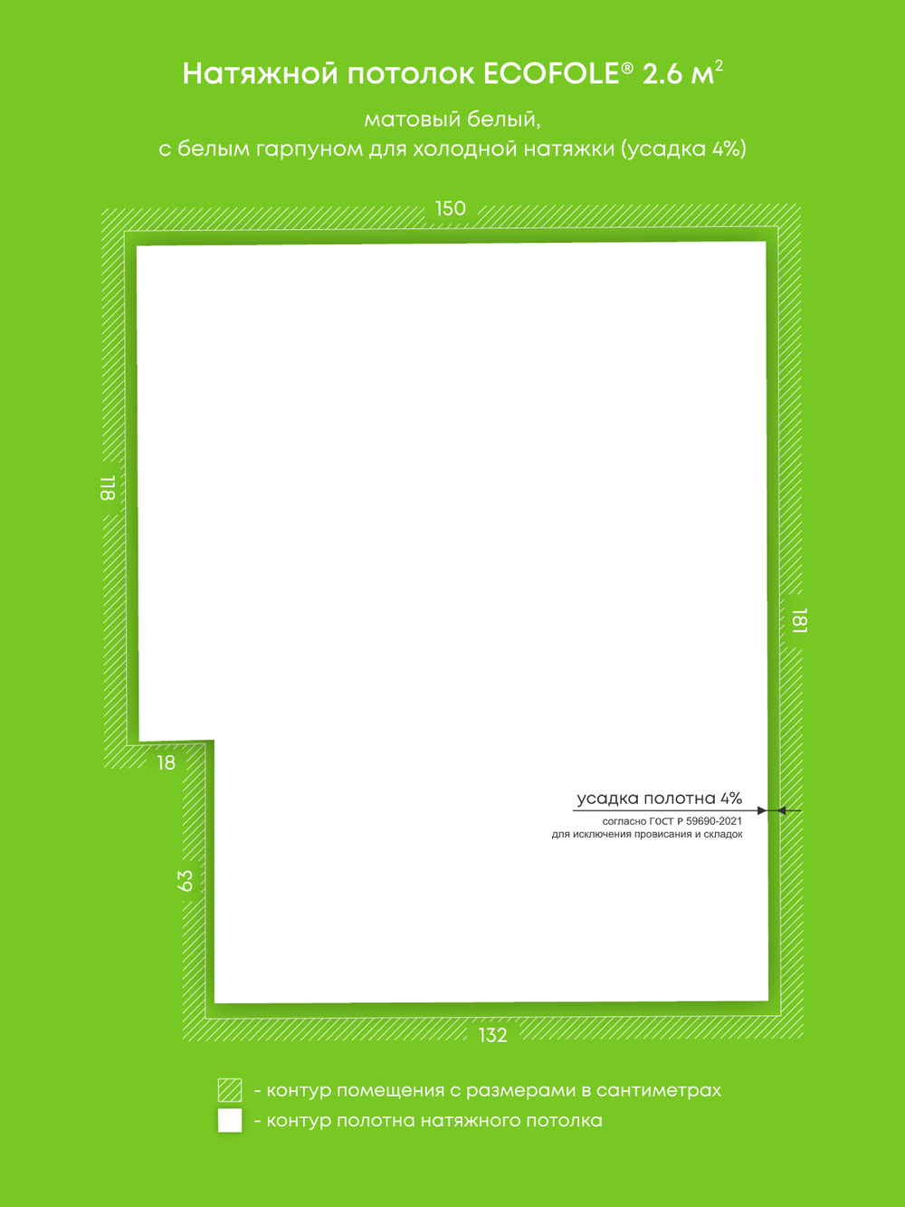 Матовый натяжной потолок 2.6 м2