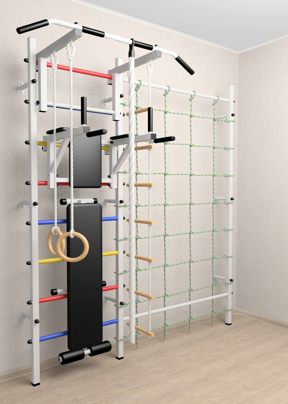 Шведская стенка Sv Sport усиленная 611 (Турник стандарт/Брусья/Скамья/Канат/Kольца/Лестница/Канатный лаз/Сетка)