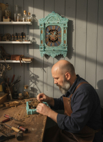 Мастер WOODandROOT работает за столом в мастерской, а мятные резные часы-наличник на стене создают тихую атмосферу северного ремесла.