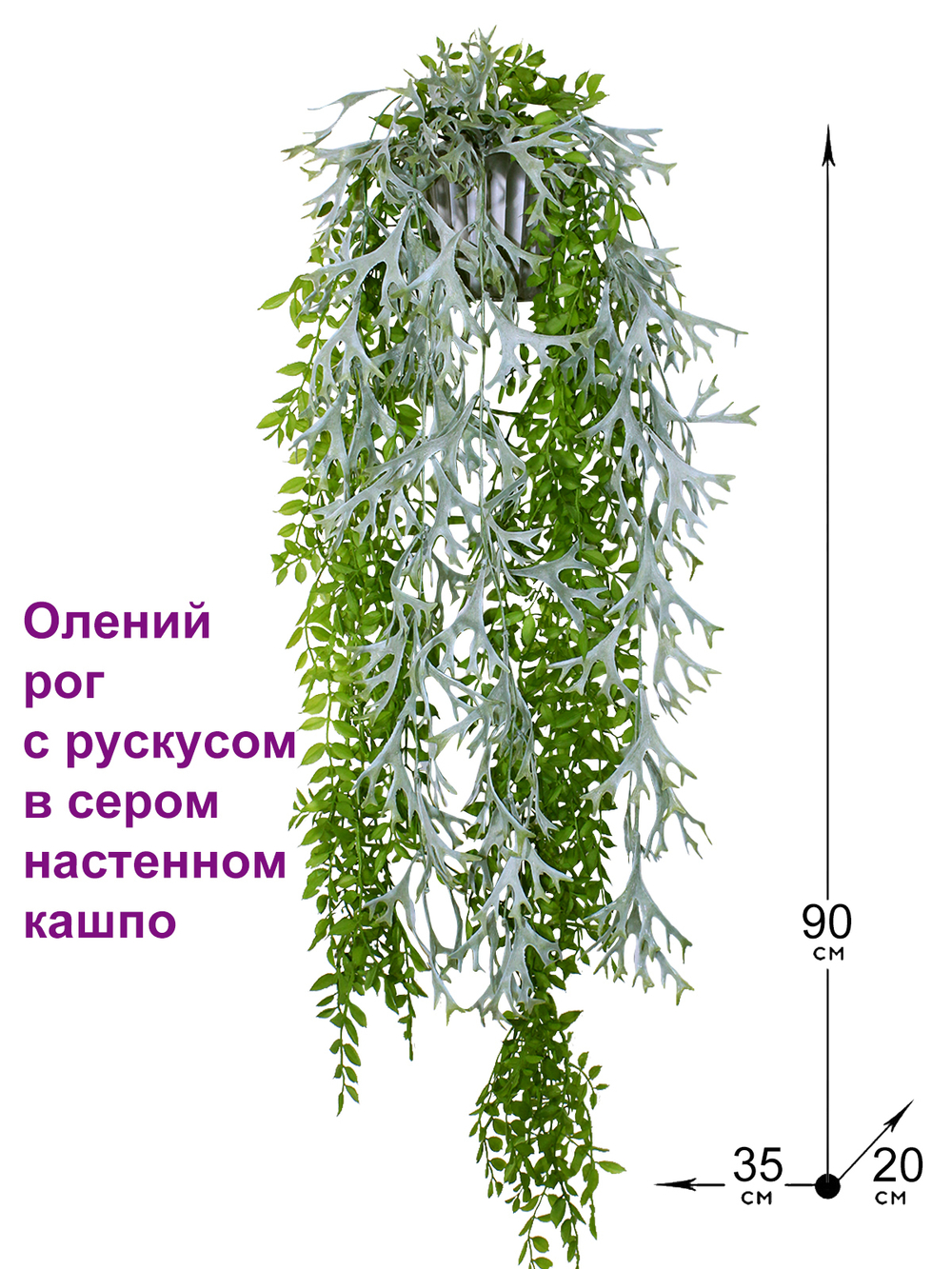 Искусственное растение Олений рог с Рускусом в сером настенном кашпо