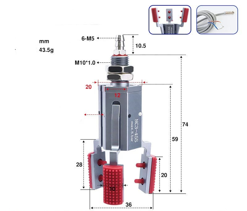 Three-jaw inner support nc3-45s (inner support range: 42-58mm) with detection and induction line